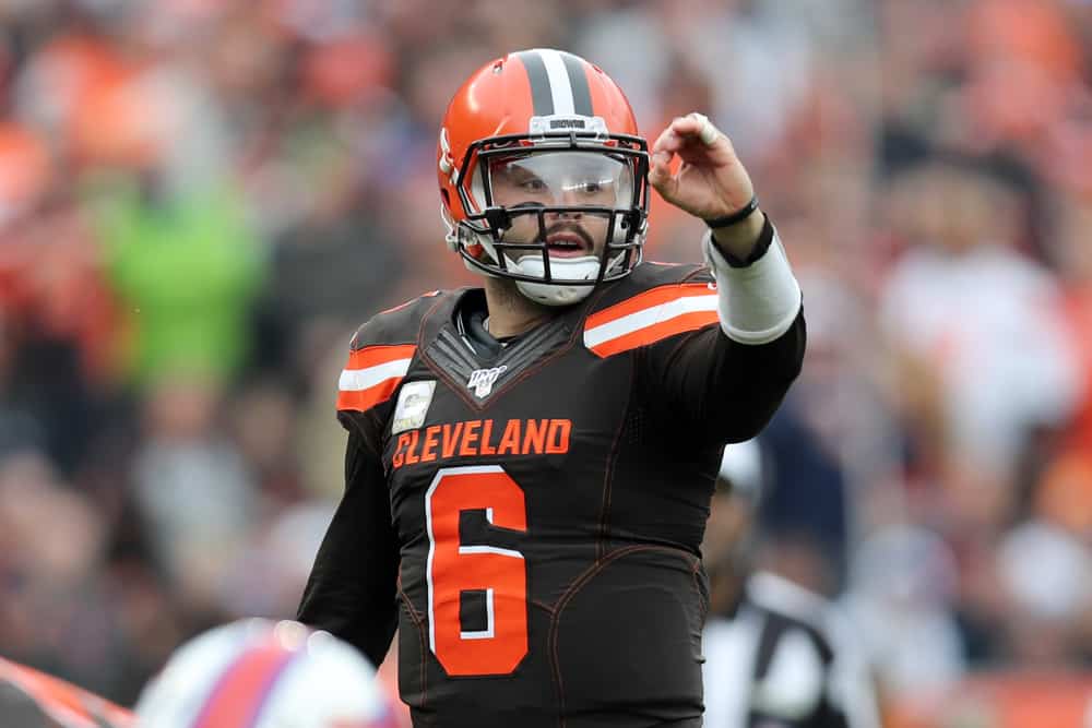 Cleveland Browns quarterback Baker Mayfield (6) signals a wide receiver at the line of scrimmage during the second quarter of the National Football League game between the Buffalo Bills and Cleveland Browns on November 10, 2019, at FirstEnergy Stadium in Cleveland, OH.