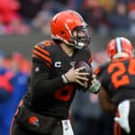 Cleveland Browns quarterback Baker Mayfield (6) rolls out of the pocket during the fourth quarter of the National Football League game between the Cincinnati Bengals and Cleveland Browns on December 8, 2019, at FirstEnergy Stadium in Cleveland, OH.