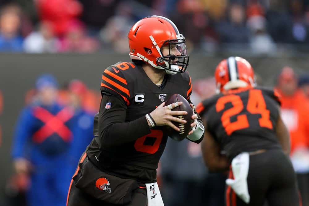 Cleveland Browns quarterback Baker Mayfield (6) rolls out of the pocket during the fourth quarter of the National Football League game between the Cincinnati Bengals and Cleveland Browns on December 8, 2019, at FirstEnergy Stadium in Cleveland, OH.