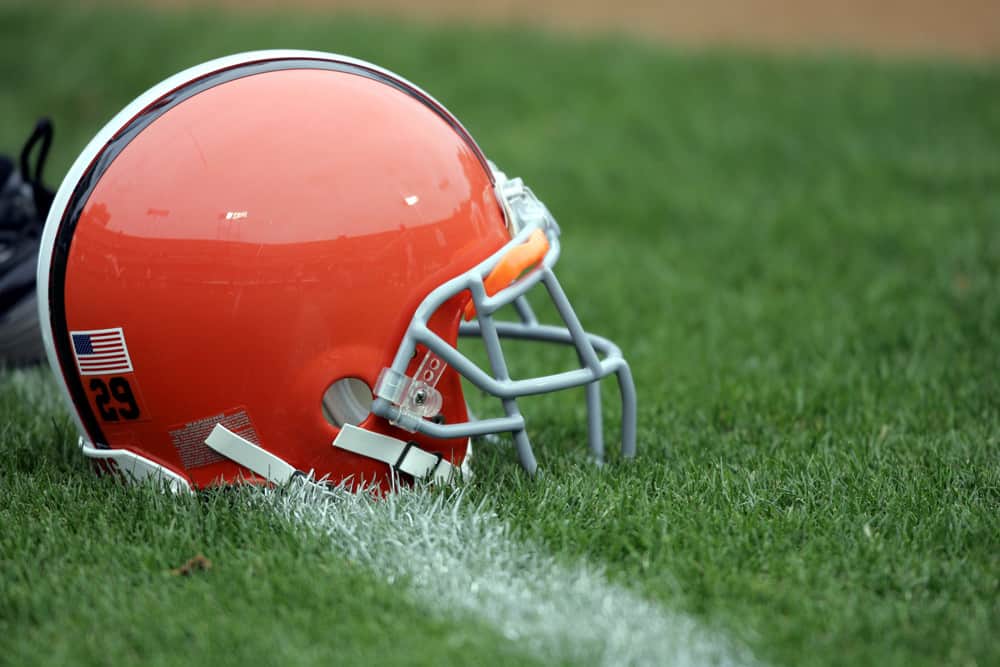 01 October 2006: Browns' helmet is sitting on the field before the game against the Raiders at McAfee Coliseum in Oakland, California. Cleveland Browns defeated Oakland Raiders, 24-21.