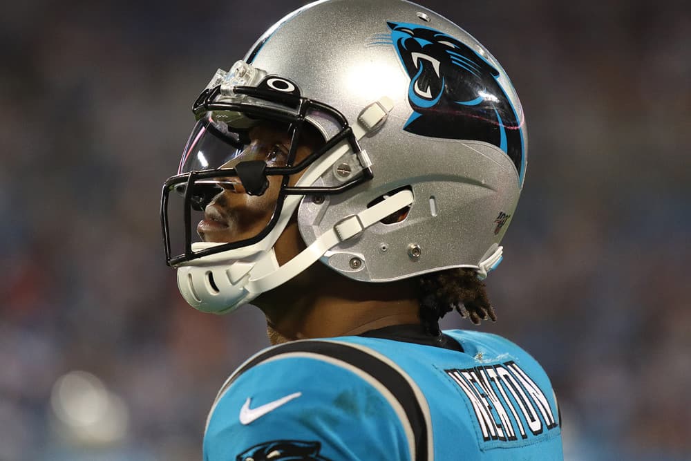 Cam Newton (1) quarterback of Carolina during a NFL football game between the Tampa Bay Buccaneers and the Carolina Panthers on September 12, 2019, at Bank of America Stadium in Charlotte, N.C. 