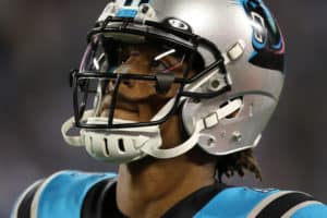 Cam Newton (1) quarterback of Carolina during a NFL football game between the Tampa Bay Buccaneers and the Carolina Panthers on September 12, 2019, at Bank of America Stadium in Charlotte, N.C.