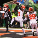 CINCINNATI, OH - DECEMBER 29: Cleveland Browns cornerback Denzel Ward (21) intercepts the ball during the game against the Cleveland Browns and the Cincinnati Bengals on December 29, 2019, at Paul Brown Stadium in Cincinnati, OH.