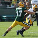 Green Bay Packers linebacker Jake Ryan (47) holds up Green Bay Packers running back Ty Montgomery (88) during Packers training camp at Ray Nitschke Field on August 1, 2017 in Green Bay, WI.