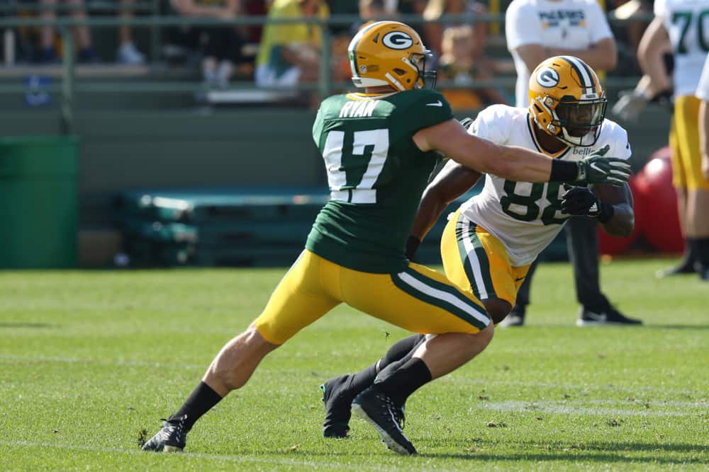 Green Bay Packers linebacker Jake Ryan (47) holds up Green Bay Packers running back Ty Montgomery (88) during Packers training camp at Ray Nitschke Field on August 1, 2017 in Green Bay, WI. 