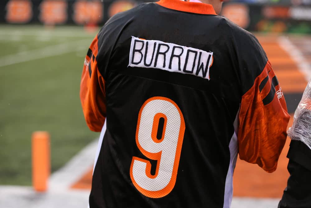 A Cincinnati Bengals fan wears a modified "Joe Burrow" jersey before the game against the Cleveland Browns and the Cincinnati Bengals on December 29th 2019, at Paul Brown Stadium in Cincinnati, OH.