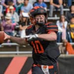 Princeton Tigers quarterback Kevin Davidson (10) drops back to pass during the first half of the college football game between the Harvard Crimson and Princeton Tigers on October 26, 2019 at Princeton Stadium in Princeton, NJ