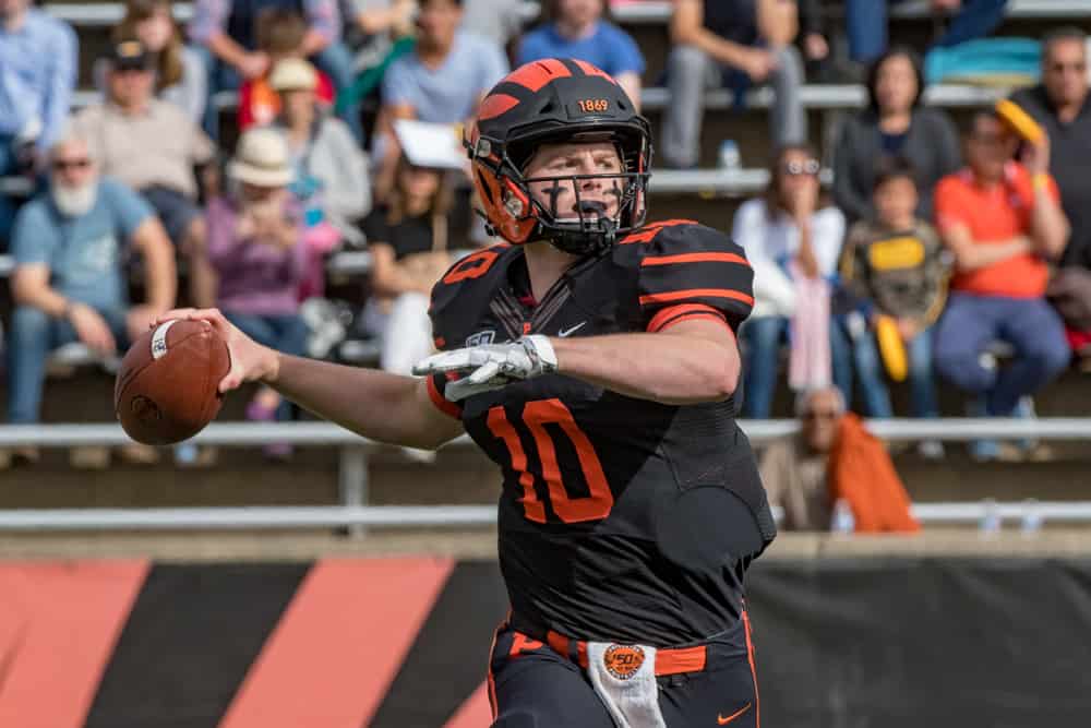 Princeton Tigers quarterback Kevin Davidson (10) drops back to pass during the first half of the college football game between the Harvard Crimson and Princeton Tigers on October 26, 2019 at Princeton Stadium in Princeton, NJ