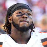 Cleveland Browns Defensive Tackle Larry Ogunjobi (65) looks on during the National Football League game between the Cleveland Browns and the San Francisco 49ers on October 7, 2019, at Levi's Stadium in Santa Clara, CA.