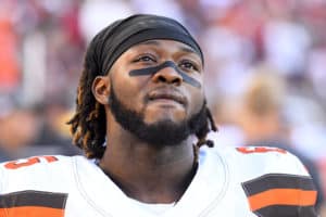 Cleveland Browns Defensive Tackle Larry Ogunjobi (65) looks on during the National Football League game between the Cleveland Browns and the San Francisco 49ers on October 7, 2019, at Levi's Stadium in Santa Clara, CA.