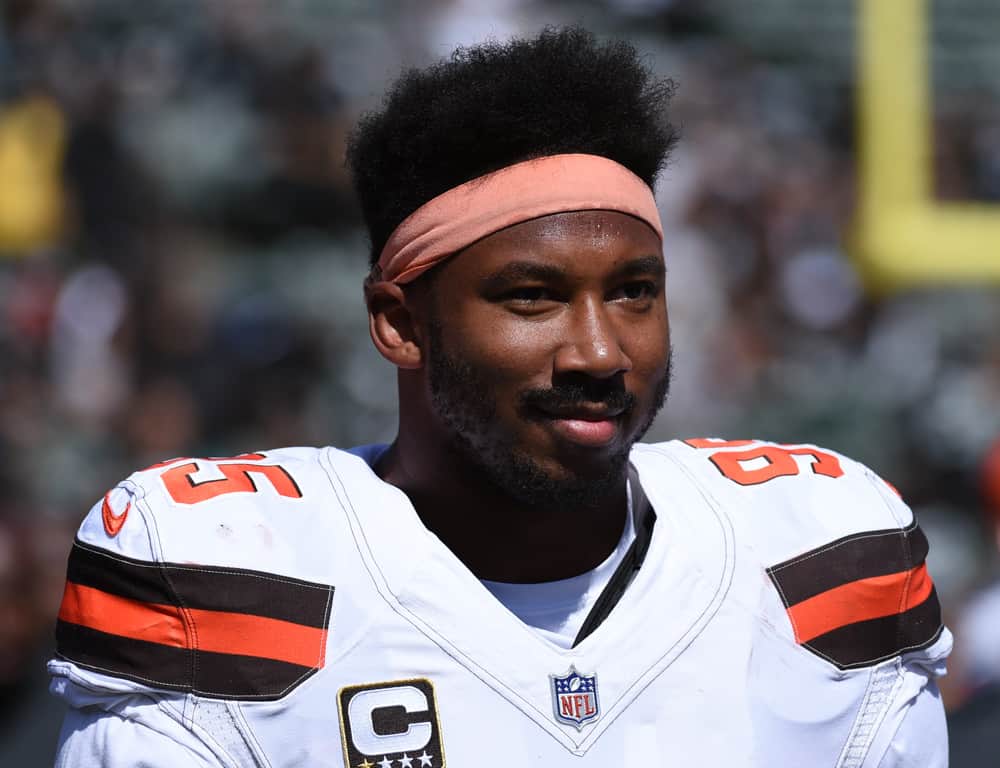 Cleveland Browns Defensive End Myles Garrett (95) during the NFL football game between the Cleveland Browns and the Oakland Raiders on September 30, 2018, at the Oakland Alameda Coliseum in Oakland, CA .