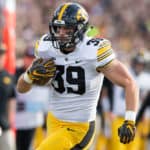 WEST LAFAYETTE, IN - NOVEMBER 03: Iowa Hawkeyes tight end Nate Wieting (39) runs to the outside after making a catch during the college football game between the Purdue Boilermakers and Iowa Hawkeyes on November 3, 2018, at Ross-Ade Stadium in West Lafayette, IN.