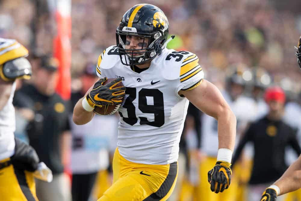 WEST LAFAYETTE, IN - NOVEMBER 03: Iowa Hawkeyes tight end Nate Wieting (39) runs to the outside after making a catch during the college football game between the Purdue Boilermakers and Iowa Hawkeyes on November 3, 2018, at Ross-Ade Stadium in West Lafayette, IN.