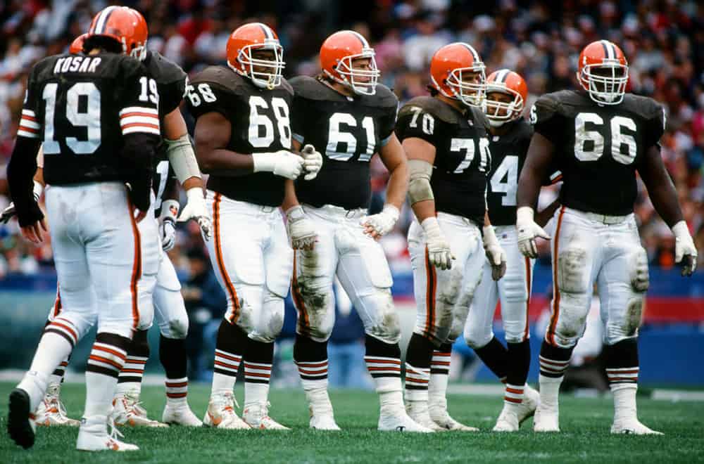 Cleveland Browns quarterback Bernie Kosar (19) walks towards his offensive line in a game against the New York Jets, Sunday, Oct. 6, 1991 played at Cleveland Stadium in Cleveland. The Jets defeated the Browns 17 to 14.
