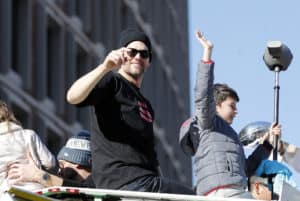 New England Patriots quarterback Tom Brady (12) during the New England Patriots Super Bowl Victory Parade on February 5. 2019, through the streets of Boston, Massachusetts.