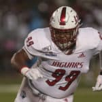 South Alabama Jaguars defensive lineman Jeffery Whatley (99) follows the ball during the college football game between the South Alabama Jaguars and the Troy Trojans on October 16, 2019, at Veterans Memorial Stadium in Troy, AL.