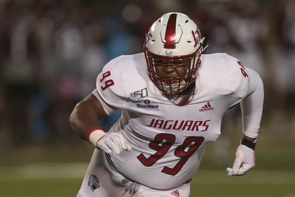 South Alabama Jaguars defensive lineman Jeffery Whatley (99) follows the ball during the college football game between the South Alabama Jaguars and the Troy Trojans on October 16, 2019, at Veterans Memorial Stadium in Troy, AL.