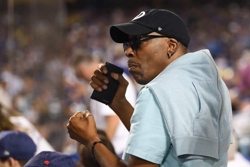 Actor Arsenio Hall looks on during an MLB game between the Arizona Diamondbacks and the Los Angeles Dodgers on July 4, 2017, at Dodger Stadium in Los Angeles, CA.