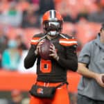 Cleveland Browns quarterback Baker Mayfield (6) on the field prior to the National Football League game between the Miami Dolphins and Cleveland Browns on November 24, 2019, at FirstEnergy Stadium in Cleveland, OH.