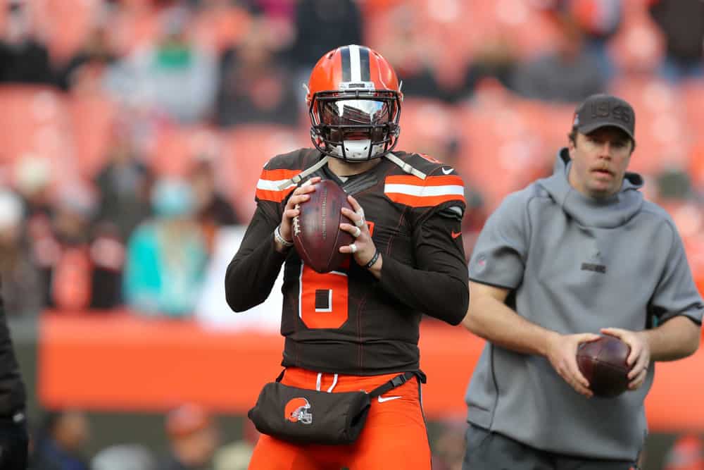 Cleveland Browns quarterback Baker Mayfield (6) on the field prior to the National Football League game between the Miami Dolphins and Cleveland Browns on November 24, 2019, at FirstEnergy Stadium in Cleveland, OH.