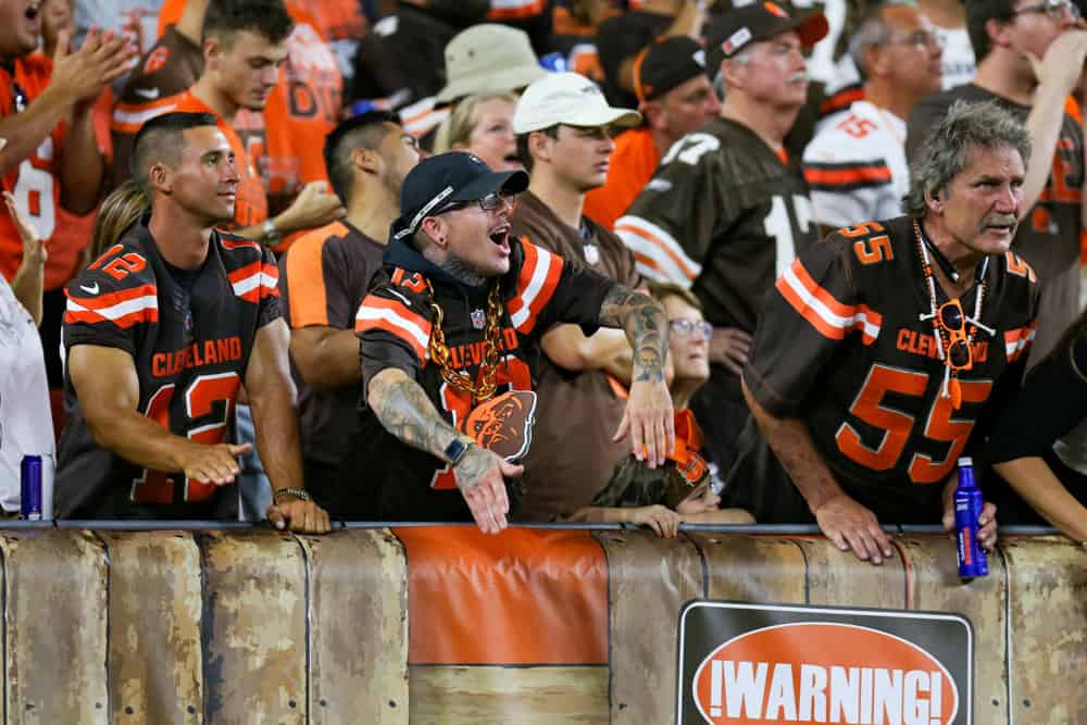 CLEVELAND, OH - SEPTEMBER 22: Cleveland Browns fans cheer on the defense during the first quarter of the the National Football League game between the Los Angeles Rams and Cleveland Browns on September 22, 2019, at FirstEnergy Stadium in Cleveland, OH.