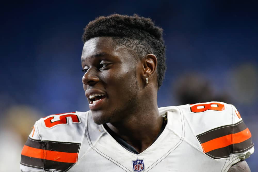 DETROIT, MI - NOVEMBER 12: Cleveland Browns tight end David Njoku (85) walks off of the field at the conclusion of the game between the Cleveland Browns and the Detroit Lions on November 12, 2017 at Ford Field in Detroit, Michigan. 