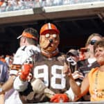 Members of the Cleveland Browns end zone Dawg Pound during the Dallas Cowboys 28-10 win over the Browns at Cleveland Browns Stadium in Cleveland, Ohio.