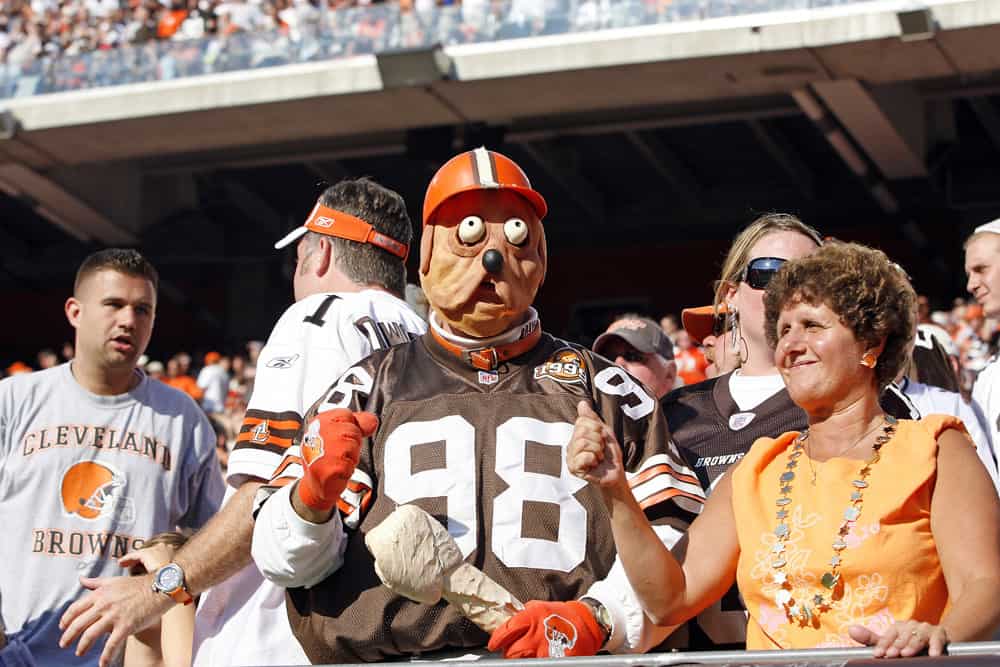 Members of the Cleveland Browns end zone Dawg Pound during the Dallas Cowboys 28-10 win over the Browns at Cleveland Browns Stadium in Cleveland, Ohio.