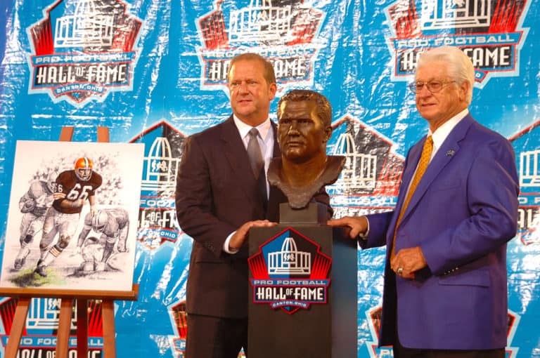 August 4th, 2007: Canton, Ohio. Bobby Franklin stands with Gene Hickerson's bust, and Art Poster. Pro Football Hall of Fame Enshrinement