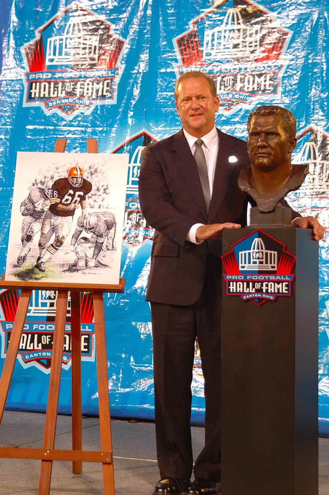 August 4th, 2007: Canton, Ohio. Bobby Franklin stands with Gene Hickerson's bust, and Art Poster. Pro Football Hall of Fame Enshrinement