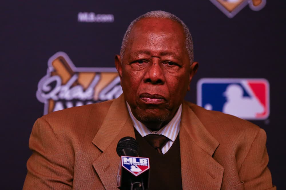 Hank Aaron speaks during the awarding of the 2015 Hank Aaron Award prior to Game 4 of the 2015 World Series between the New York Mets and the Kansas City Royals played at Citi Field in Flushing,NY.