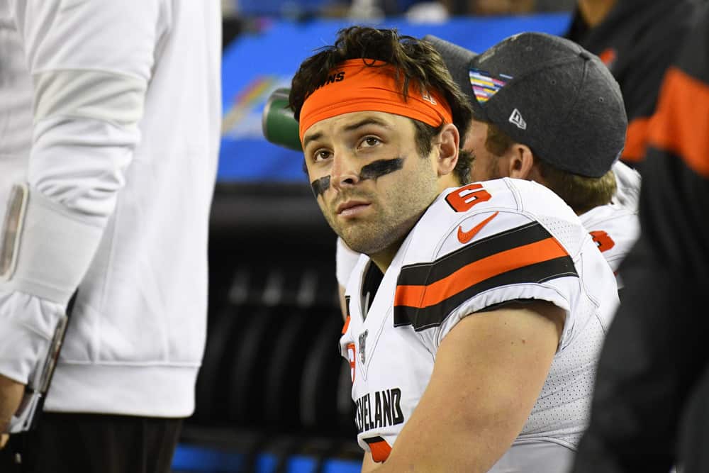 Cleveland Browns Quarterback Baker Mayfield (6) looks on during the National Football League game between the Cleveland Browns and the San Francisco 49ers on October 7, 2019, at Levi's Stadium in Santa Clara, CA.