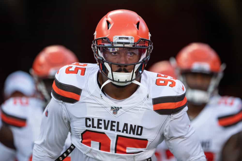 TAMPA, FL - AUGUST 23: Cleveland Browns defensive end Myles Garrett (95) enters the field prior to the first half of an NFL preseason game between the Cleveland Browns and the Tampa Bay Bucs on August 23, 2019, at Raymond James Stadium in Tampa, FL.