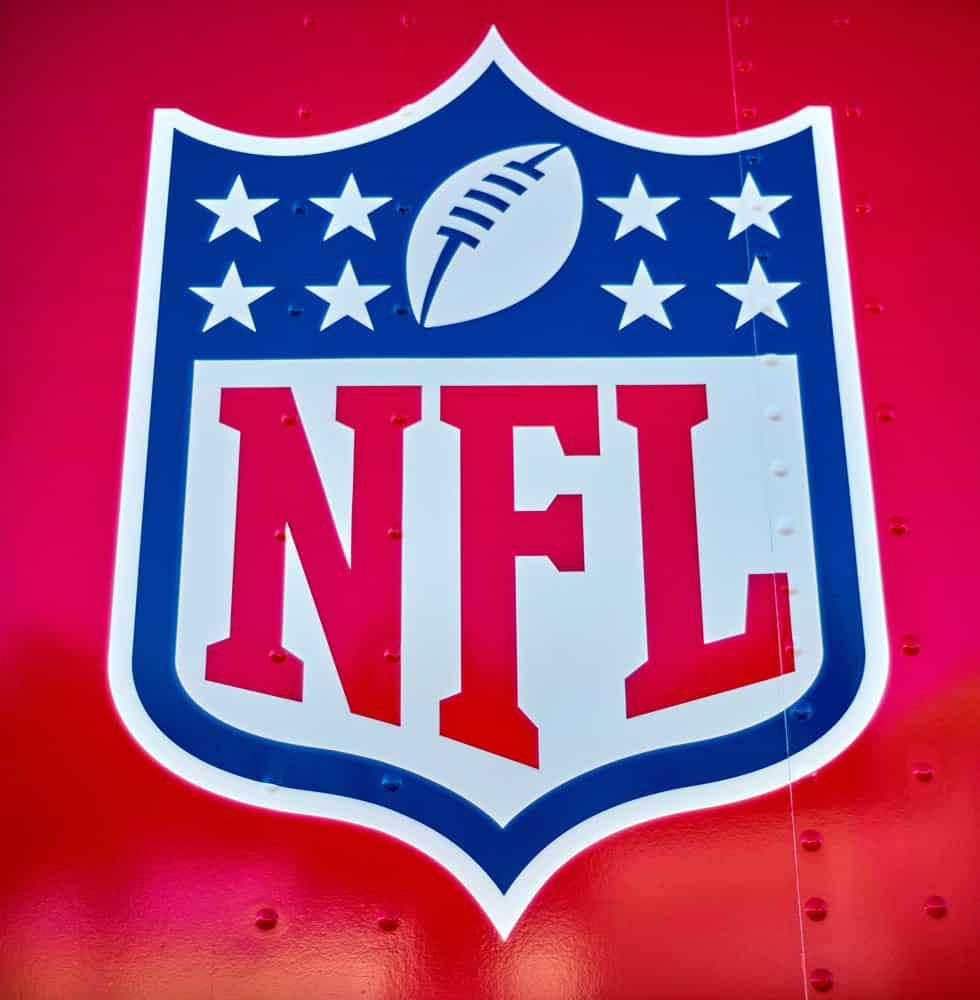 MIAMI GARDENS, FL - FEBRUARY 02: A detail view of the NFL crest and logo is seen in game action during the Super Bowl LIV game between the Kansas City Chiefs and the San Francisco 49ers on February 2, 2020 at Hard Rock Stadium, in Miami Gardens, FL.