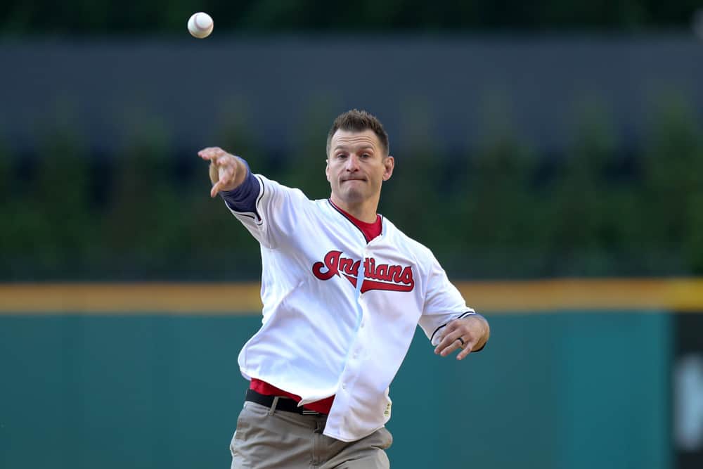 Former UFC heavyweight champion Stipe Miocic throws out a ceremonial first pitch prior to the Major League Baseball game between the Detroit Tigers and Cleveland Indians on June 21, 2019, at Progressive Field in Cleveland, OH.