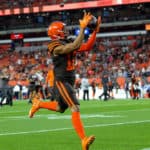 Cleveland Browns wide receiver KhaDarel Hodge (12) makes a catch during pregame warmups prior to the National Football League game between the Los Angeles Rams and Cleveland Browns on September 22, 2019, at FirstEnergy Stadium in Cleveland, OH.