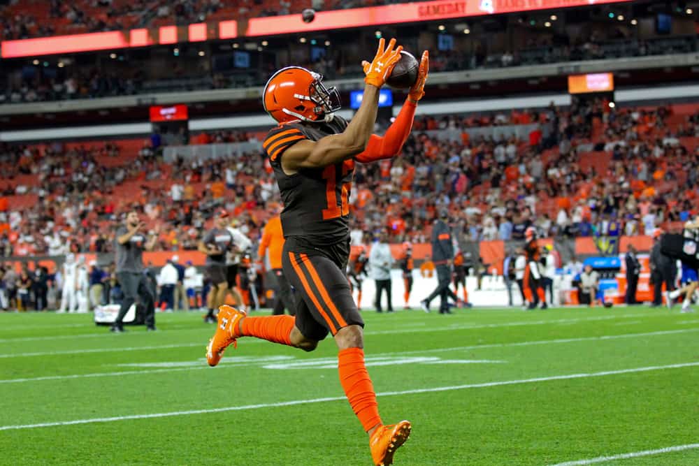 Cleveland Browns wide receiver KhaDarel Hodge (12) makes a catch during pregame warmups prior to the National Football League game between the Los Angeles Rams and Cleveland Browns on September 22, 2019, at FirstEnergy Stadium in Cleveland, OH.