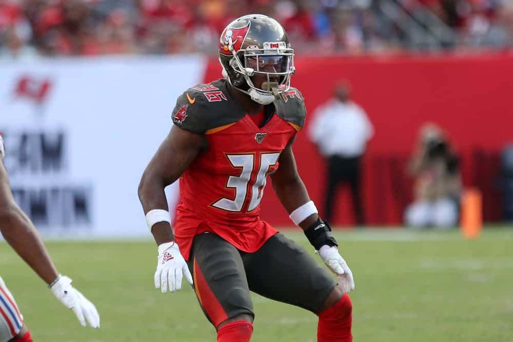 M.J. Stewart (36) of the Bucs defends during the regular season game between the New York Giants and the Tampa Bay Buccaneers on September 22, 2019 at Raymond James Stadium in Tampa, Florida.