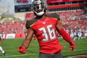 M. J. Stewart (36) of the Bucs yells towards the crowd before the regular season game between the Atlanta Falcons and the Tampa Bay Buccaneers on December 29, 2019 at Raymond James Stadium in Tampa, Florida.