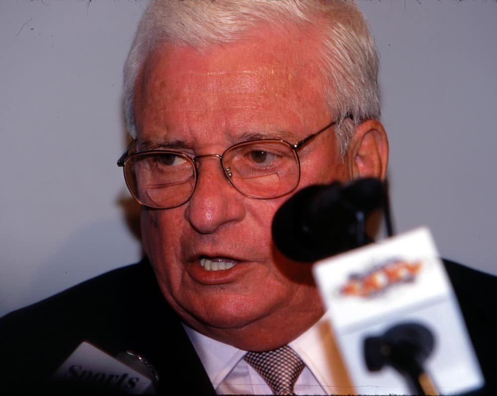 Owner Art Modell of the Baltimore Ravens answers questions at the Super Bowl XXXV post game press conference at Raymond James Stadium in Tampa, Florida. The Ravens defeated the Giants 34-7.