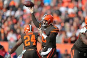 Cleveland Browns quarterback Baker Mayfield (6) throws a pass during the first quarter of the National Football League game between the Cincinnati Bengals and Cleveland Browns on December 8, 2019, at FirstEnergy Stadium in Cleveland, OH.