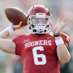 Oklahoma Sooners quarterback Baker Mayfield (6) warms up on the field before the College Football Playoff Semifinal at the Rose Bowl Game between the Georgia Bulldogs and Oklahoma Sooners on January 1, 2018, at the Rose Bowl in Pasadena, CA.