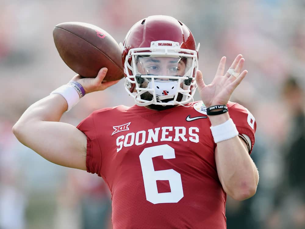 Oklahoma Sooners quarterback Baker Mayfield (6) warms up on the field before the College Football Playoff Semifinal at the Rose Bowl Game between the Georgia Bulldogs and Oklahoma Sooners on January 1, 2018, at the Rose Bowl in Pasadena, CA. 