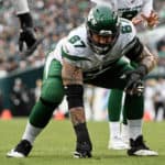 New York Jets Offensive Guard Brian Winters (67) waits for the snap during the game between the New York Jets and the Philadelphia Eagles on October 6, 2019 at Lincoln Financial Field in Philadelphia, PA.