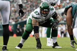 New York Jets Offensive Guard Brian Winters (67) waits for the snap during the game between the New York Jets and the Philadelphia Eagles on October 6, 2019 at Lincoln Financial Field in Philadelphia, PA.