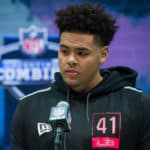 Boise State linebacker Curtis Weaver answers questions from the media during the NFL Scouting Combine on February 27, 2020 at the Indiana Convention Center in Indianapolis, IN.