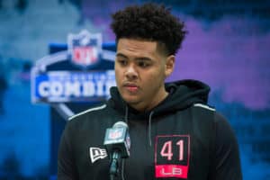 Boise State linebacker Curtis Weaver answers questions from the media during the NFL Scouting Combine on February 27, 2020 at the Indiana Convention Center in Indianapolis, IN.