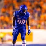 Boise State Broncos (99) Curtis Weaver (STUD) gets in position during an NCAA football game between the Boise State Broncos and the Marshall Thundering Herd on September 6, 2019, at Albertsons Stadium in Boise, ID.