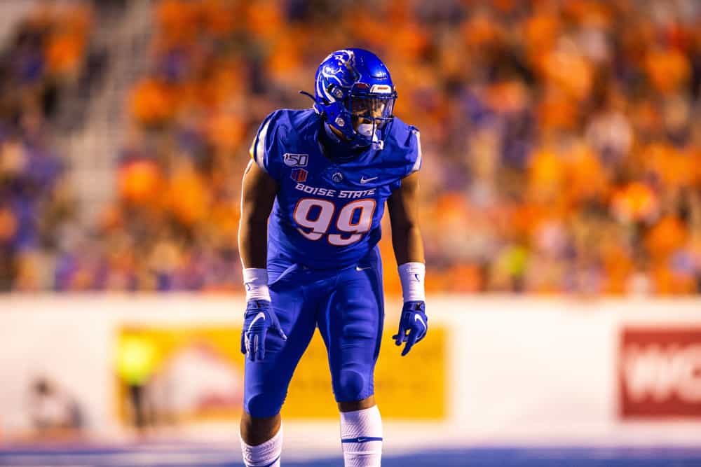 Boise State Broncos (99) Curtis Weaver (STUD) gets in position during an NCAA football game between the Boise State Broncos and the Marshall Thundering Herd on September 6, 2019, at Albertsons Stadium in Boise, ID.