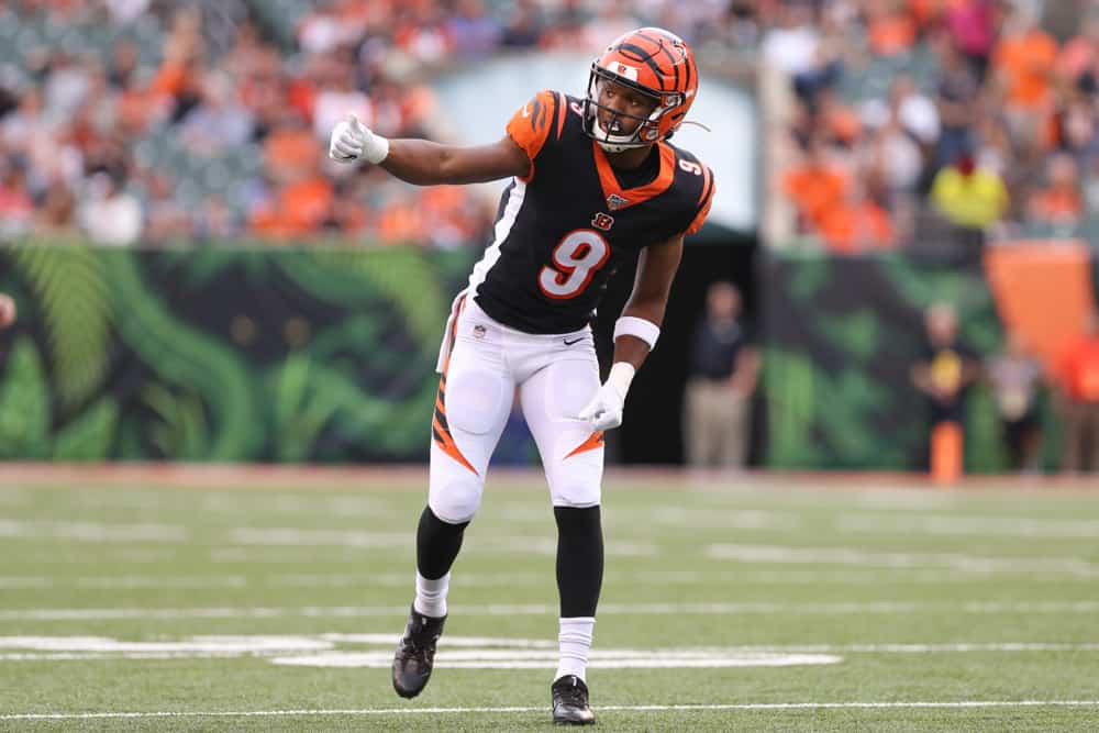 Cincinnati Bengals wide receiver Damion Willis (9) gets lined up for the play during the preseason game against the New York Giants and the Cincinnati Bengals on August 22nd 2019, at Paul Brown Stadium in Cincinnati, OH. 